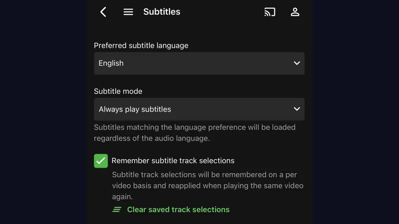 Video player settings and subtitles on a television screen