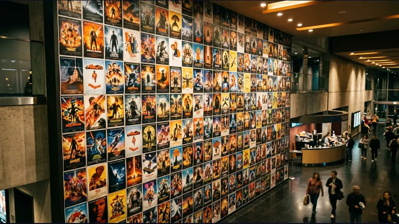 Cinema lobby style movie posters on a wall