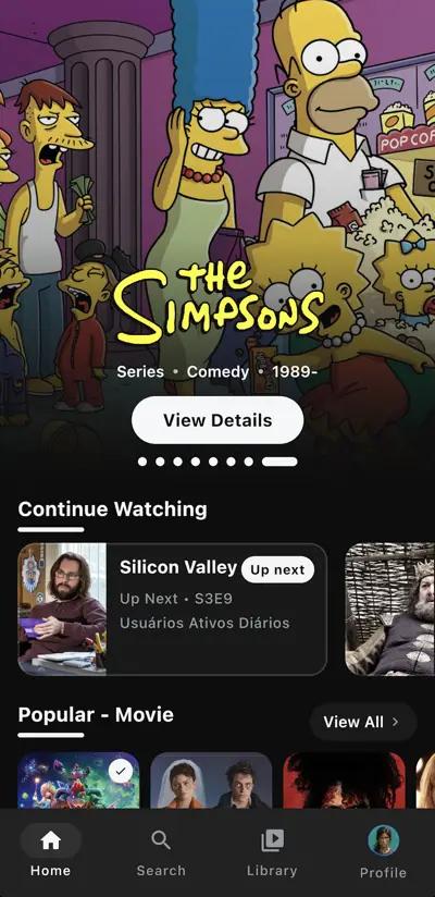 Nuvio TV phone home screen showing a large series backdrop, a View Details button, a Continue Watching row and a Popular row with bottom navigation